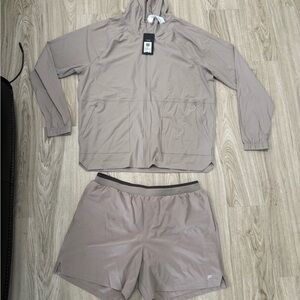 Fabletics Performance Jacket and Shorts in Taupe
